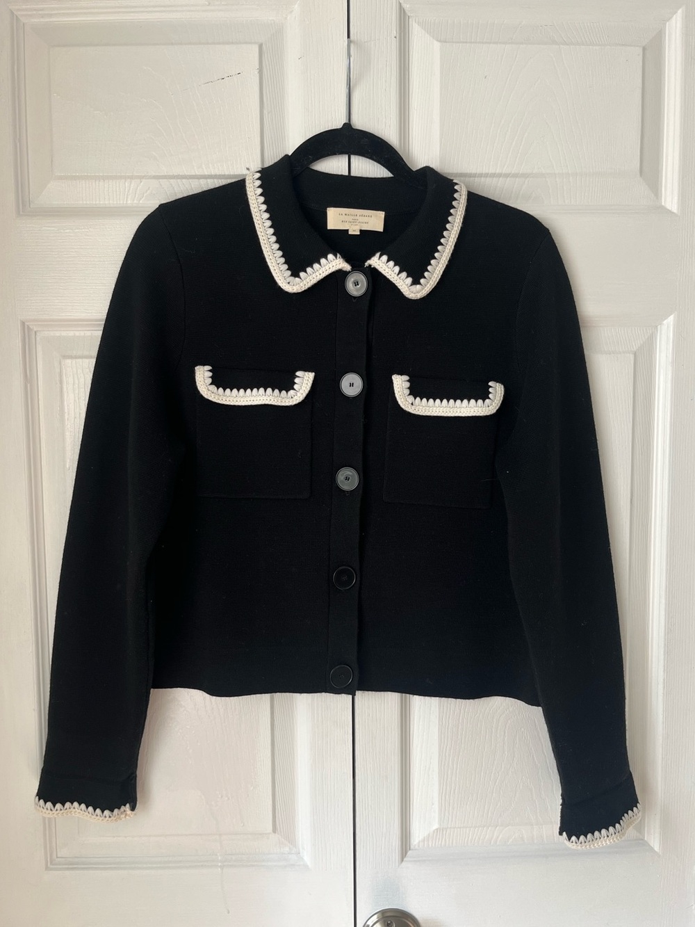 Sézane - “Betty” Button up Cardigan, 100% Merino Wool in Black w/ Ecru Embroider